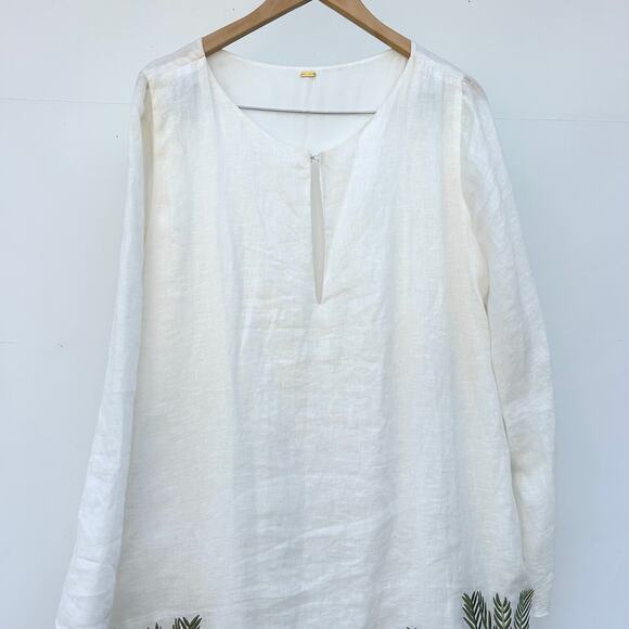 Juan de Dios Lisa Linen Midi Dress Embroidered Palm White Medium Caftan Cover-Up - Picture 7 of 13